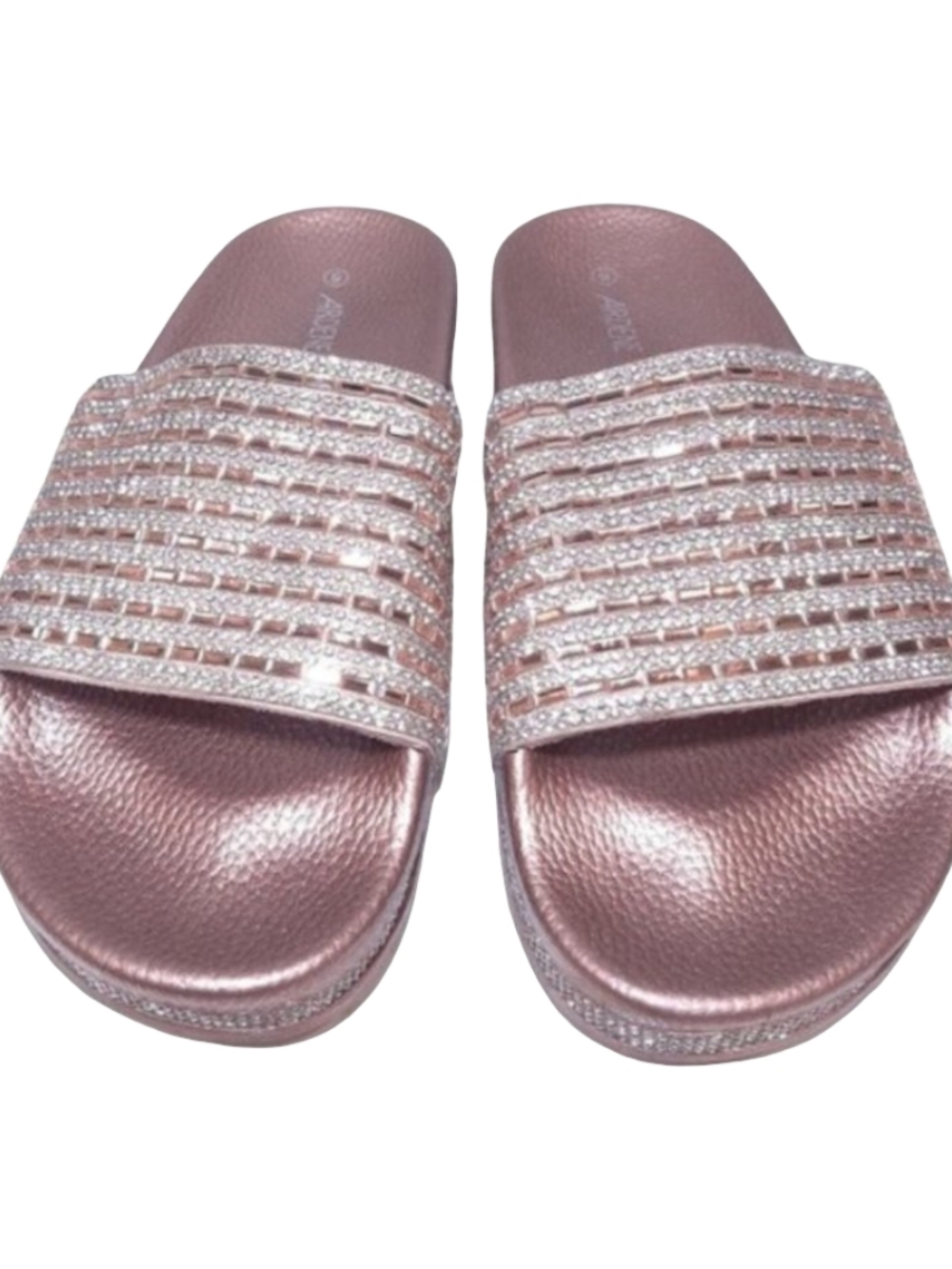 Ardene Rose Gold Rhinestone Pink Embelished Slide Sandals Slip On Size 8